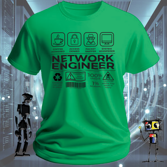 Network Engineer graphic t-shirt — great gift for networking professionals — back view | inkit.design
