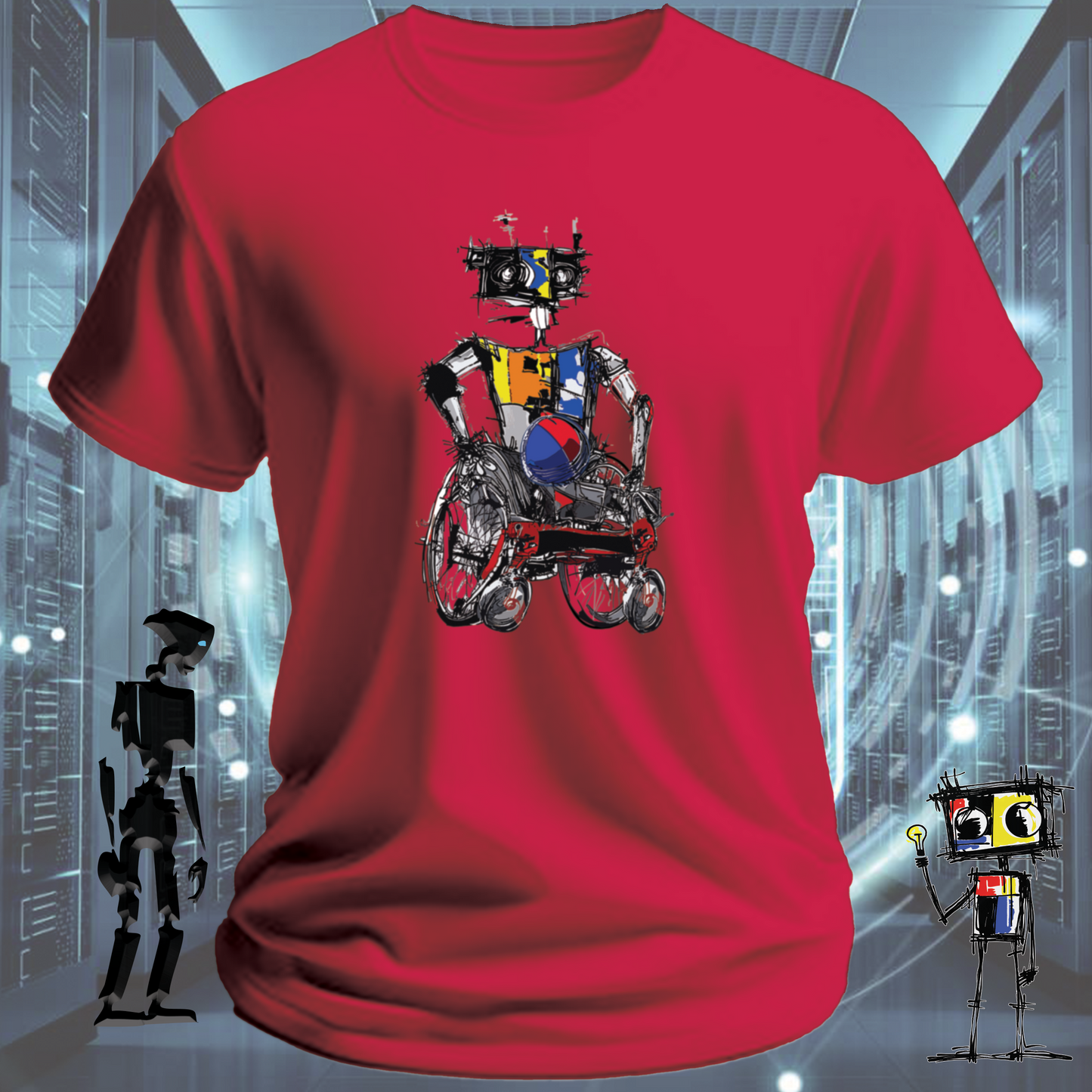 Rugby Wheels quirky robot graphic t-shirt from the inkit.design Roboto range — alternate view