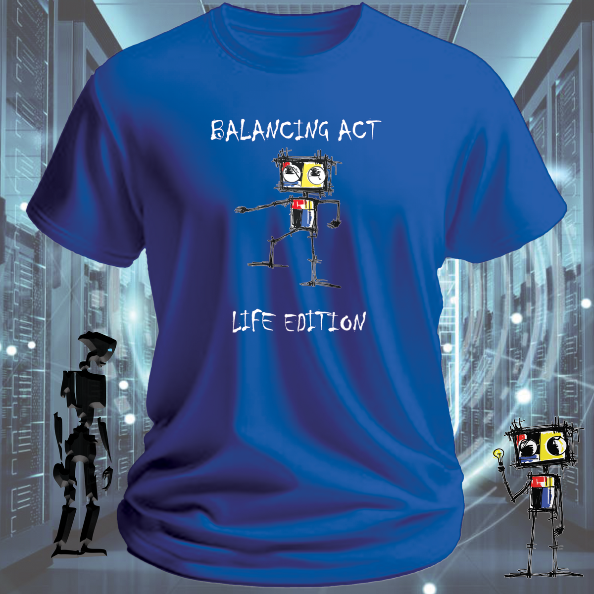 Balancing Act robot graphic t-shirt from the inkit.design Roboto range — alternate view
