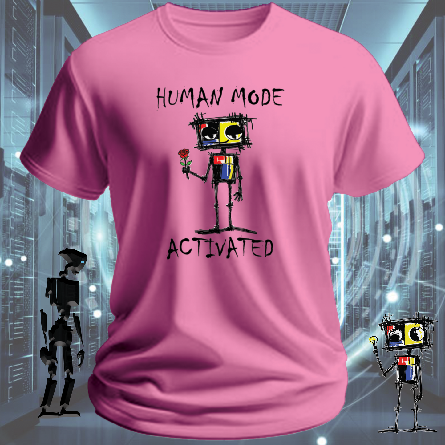 Human Mode funny robot t-shirt for tech workers and developers — alternate view | inkit.design