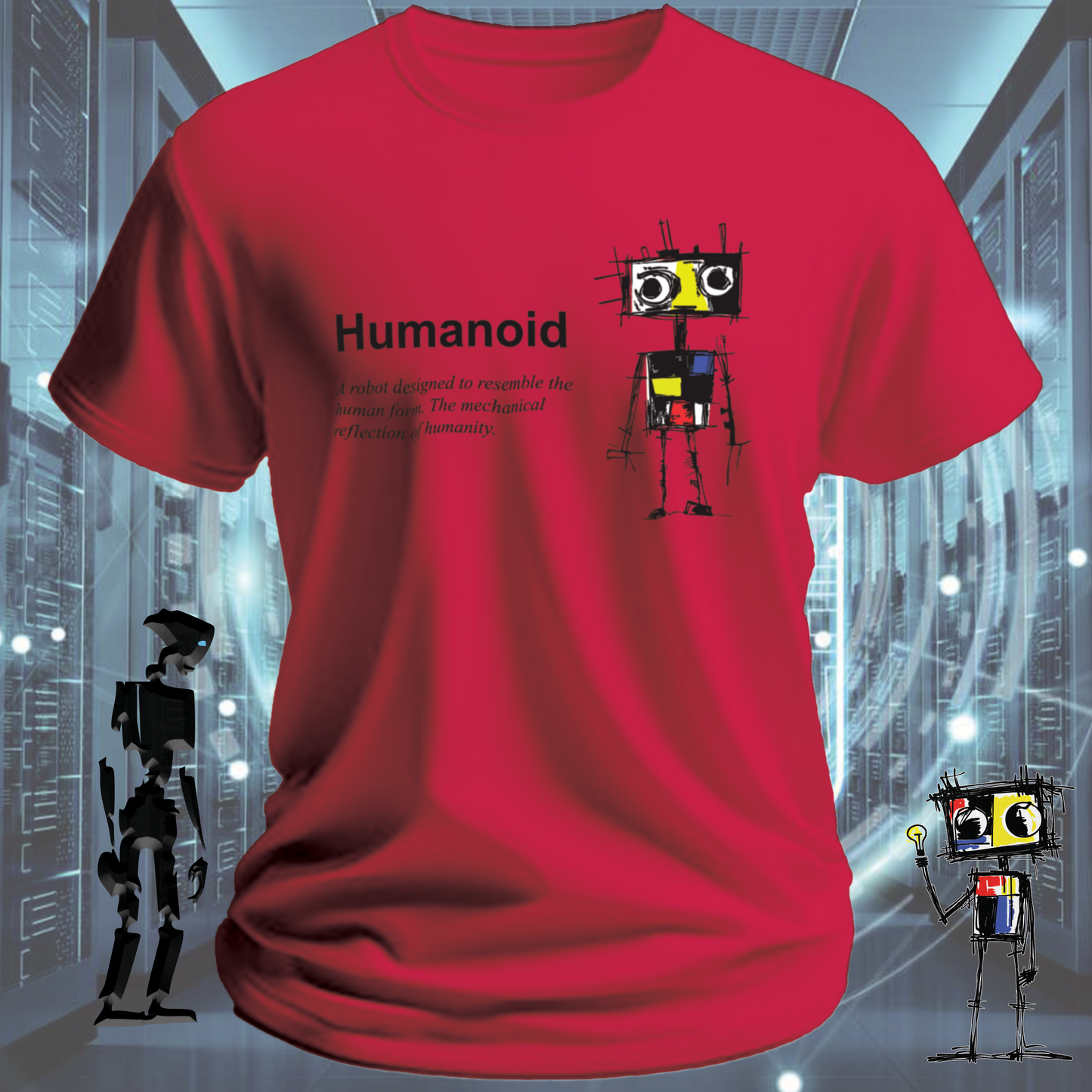 Humanoid graphic t-shirt for tech workers and AI enthusiasts — alternate view | inkit.design