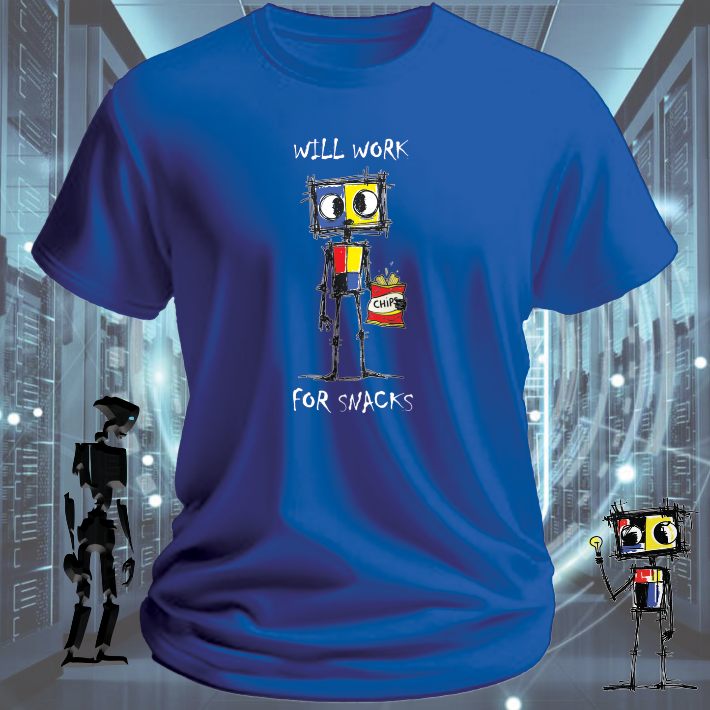 Will Work For funny tech t-shirt for IT professionals and developers — alternate view | inkit.design