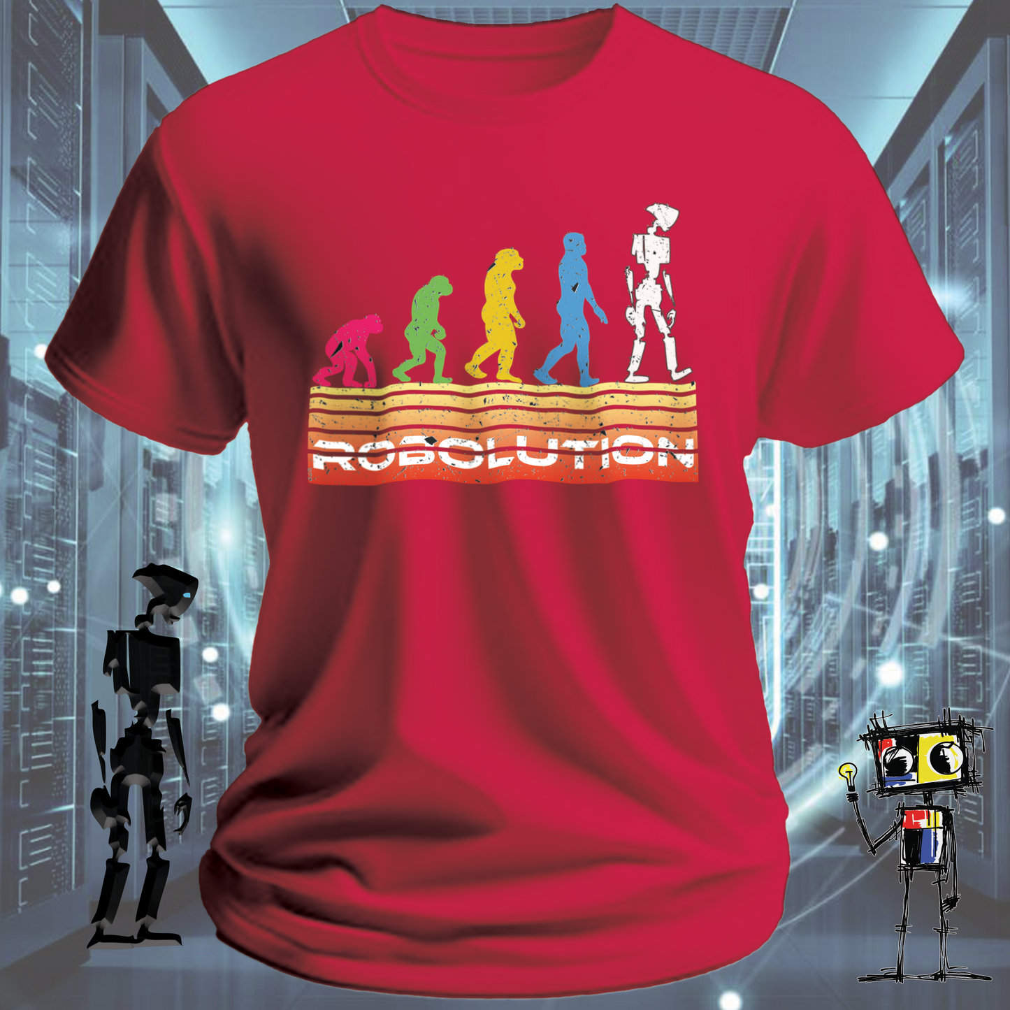 Robolution Retro White Grunge Sunset graphic t-shirt Robolution series — alternate view | inkit.design