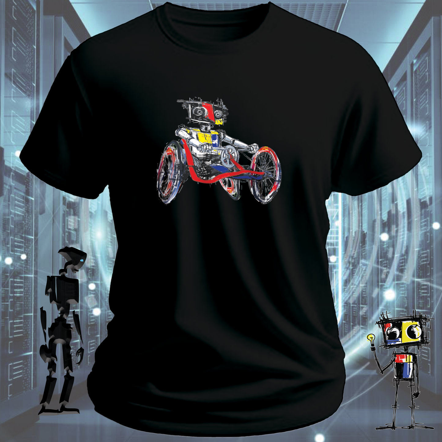 Crank It robot graphic t-shirt from the inkit.design Roboto range — detail view