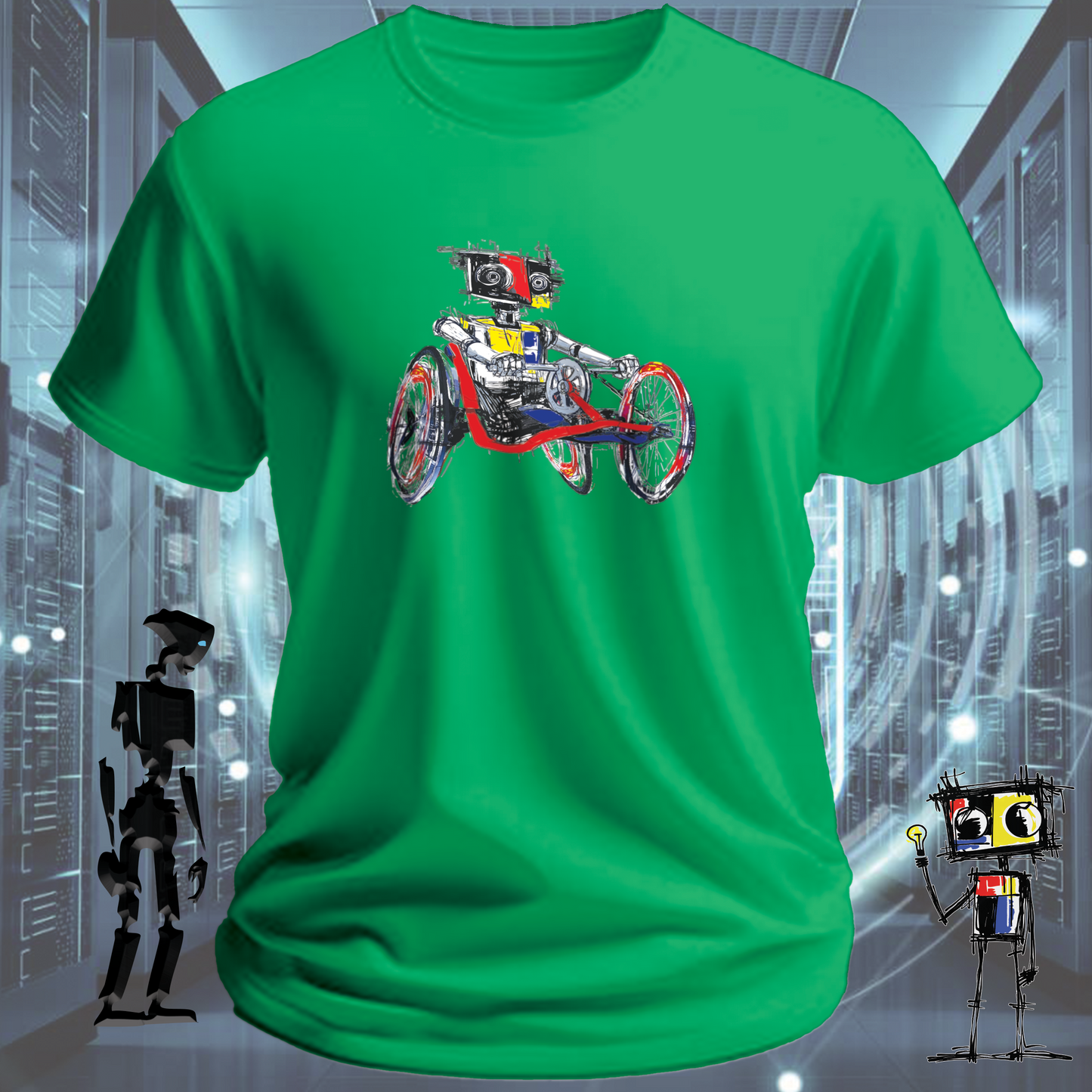 Crank It robot graphic t-shirt from the inkit.design Roboto range — worn view