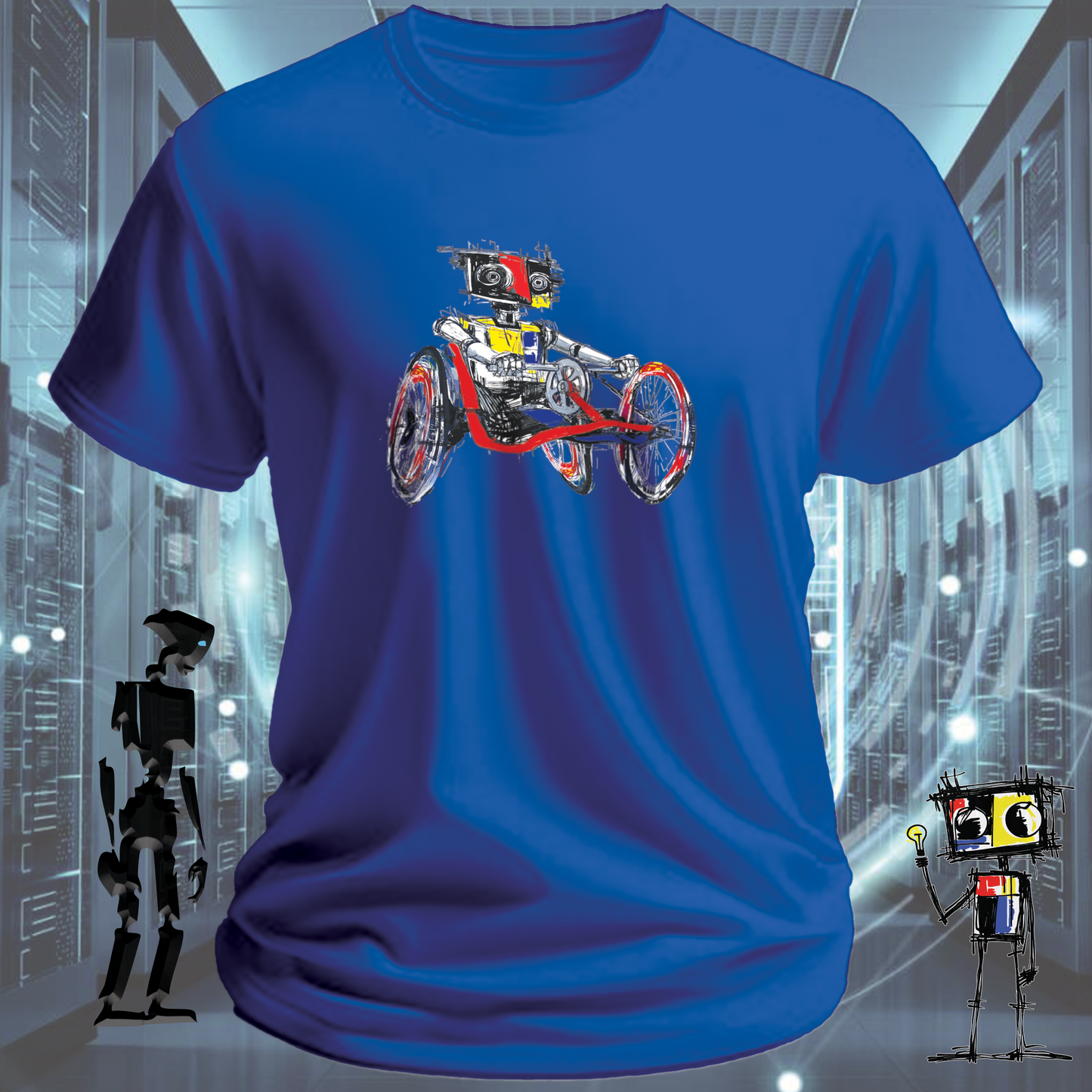 Crank It robot graphic t-shirt from the inkit.design Roboto range — on model