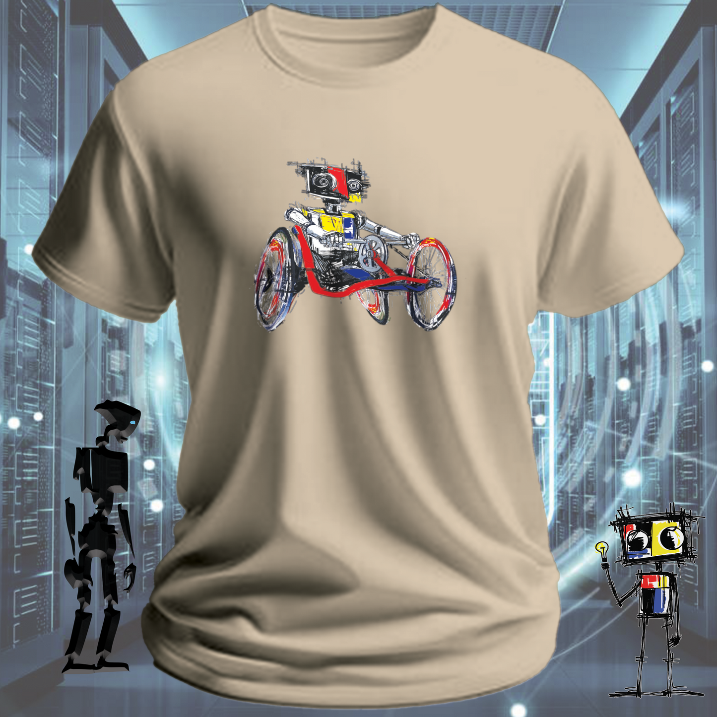 Crank It robot graphic t-shirt from the inkit.design Roboto range — studio shot