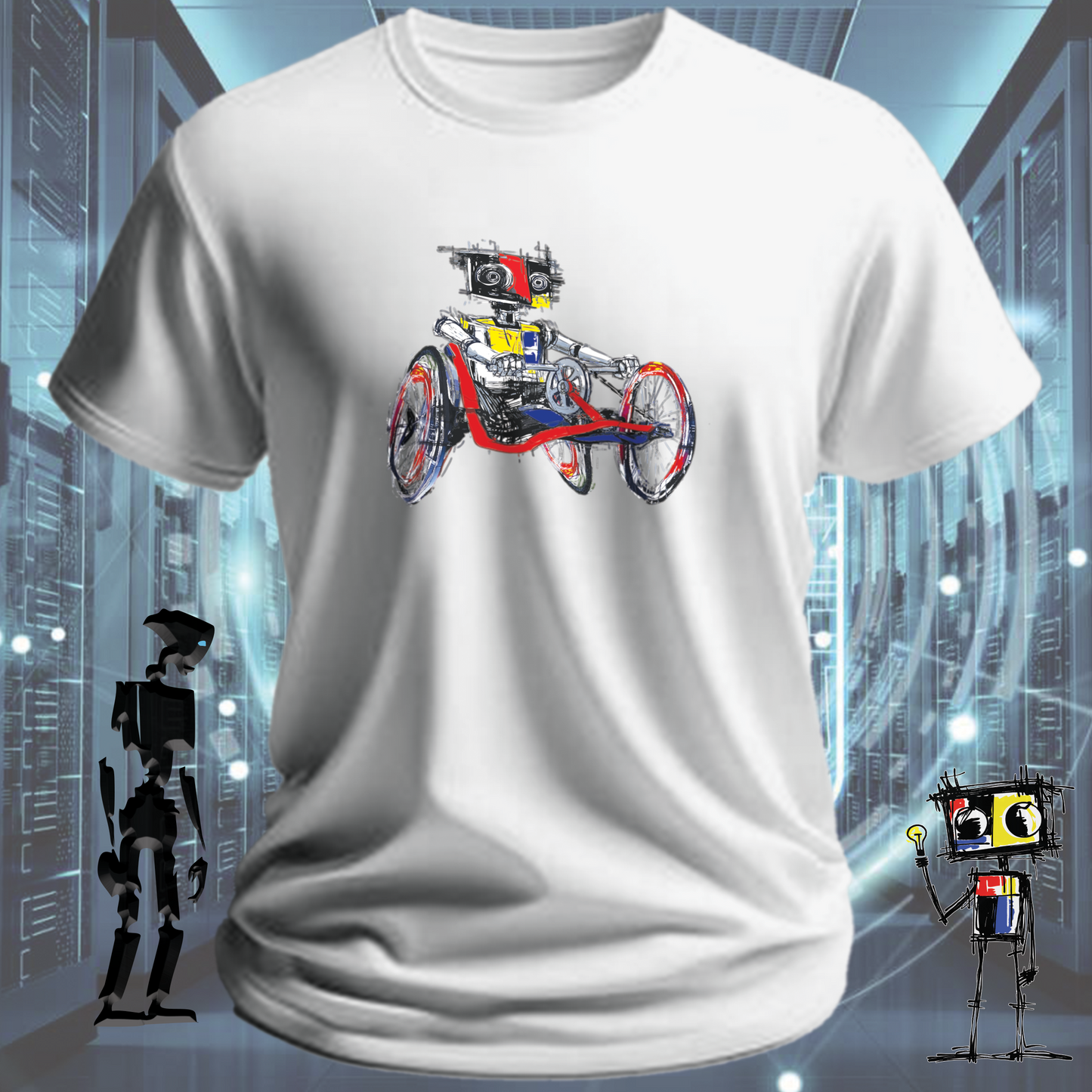 Crank It robot graphic t-shirt from the inkit.design Roboto range — flat lay
