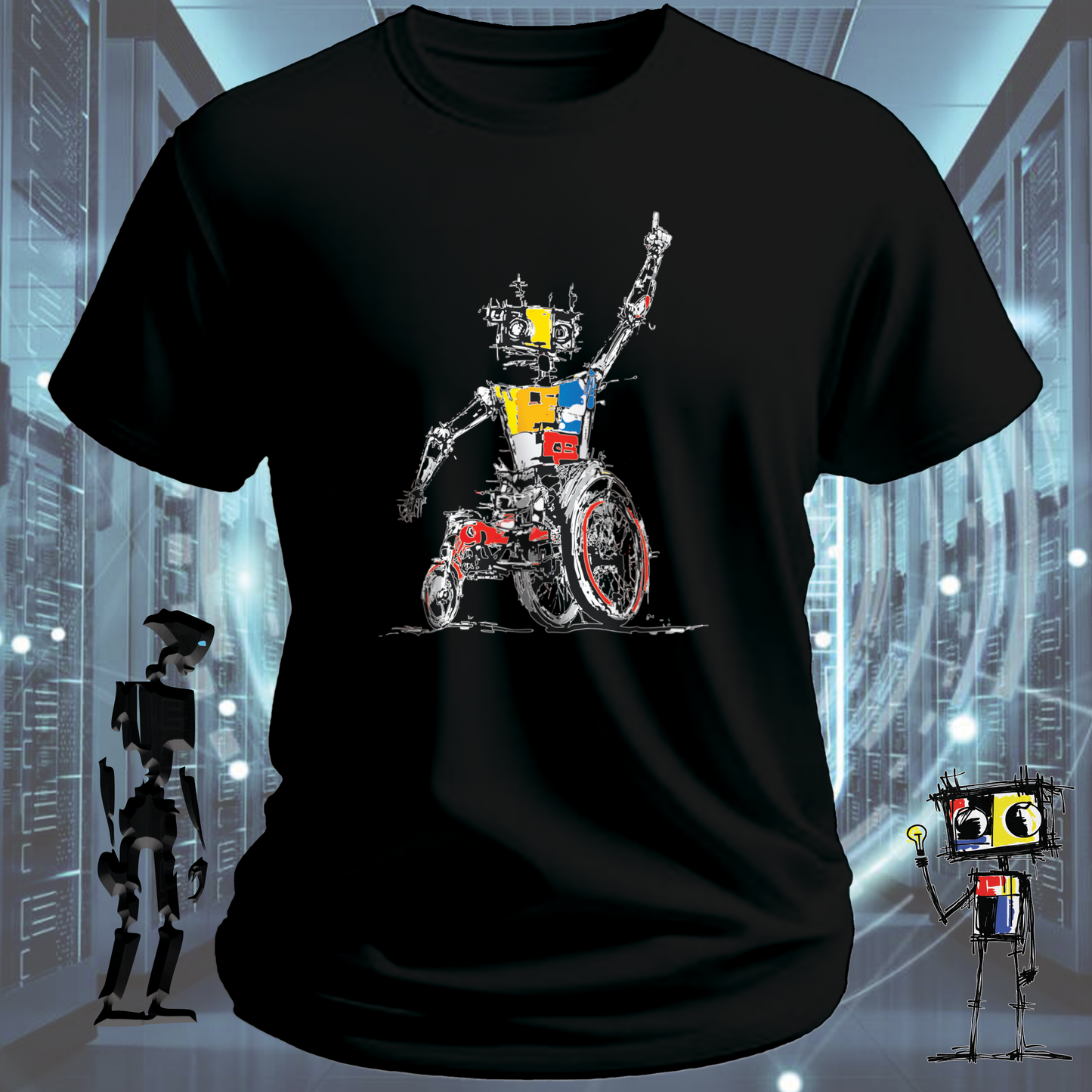 Robo Wheels robot graphic t-shirt from the inkit.design Roboto range — lifestyle shot