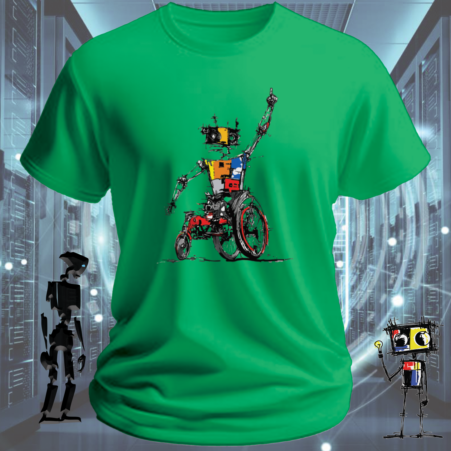 Robo Wheels robot graphic t-shirt from the inkit.design Roboto range — worn view