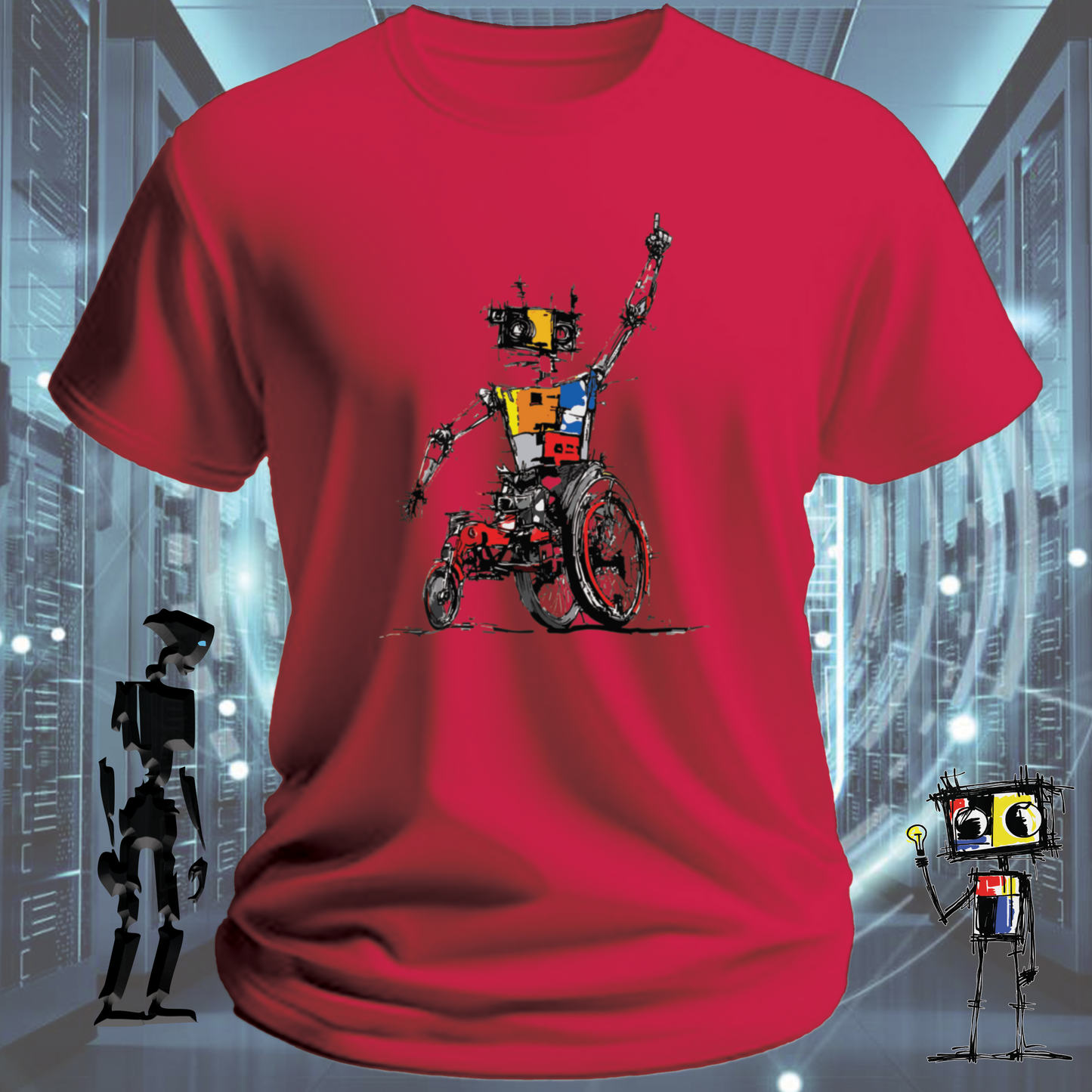 Robo Wheels robot graphic t-shirt from the inkit.design Roboto range — alternate view