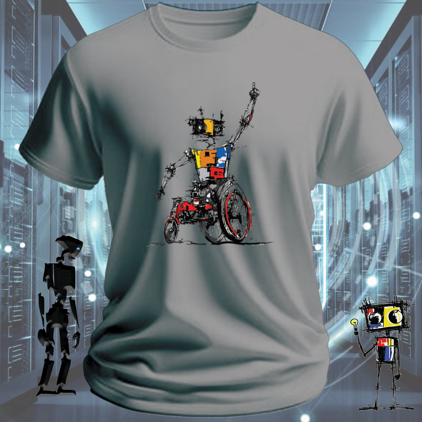 Robo Wheels robot graphic t-shirt from the inkit.design Roboto range — flat lay