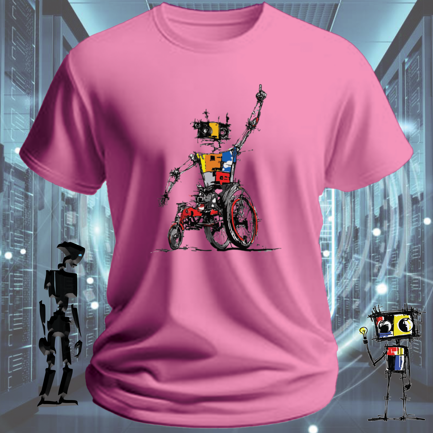 Robo Wheels robot graphic t-shirt from the inkit.design Roboto range — product detail