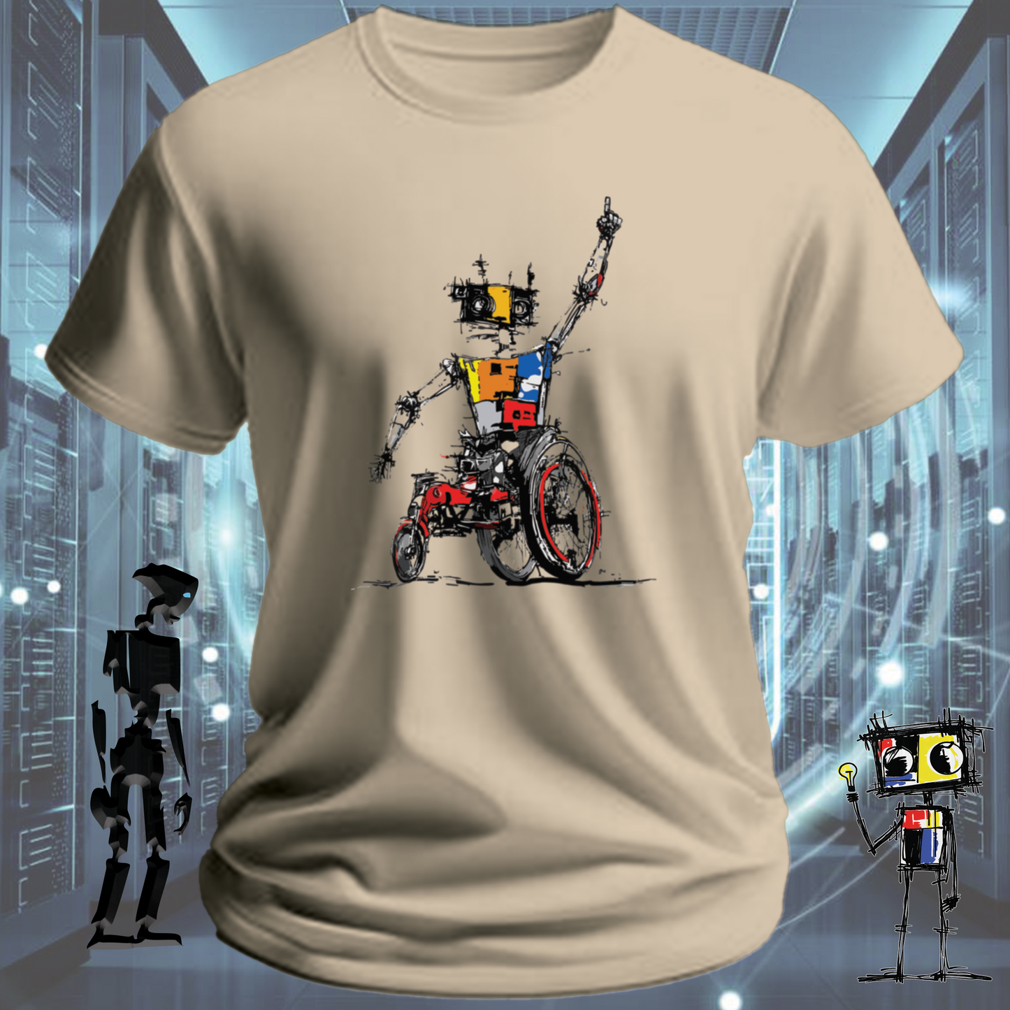 Robo Wheels robot graphic t-shirt from the inkit.design Roboto range — studio shot