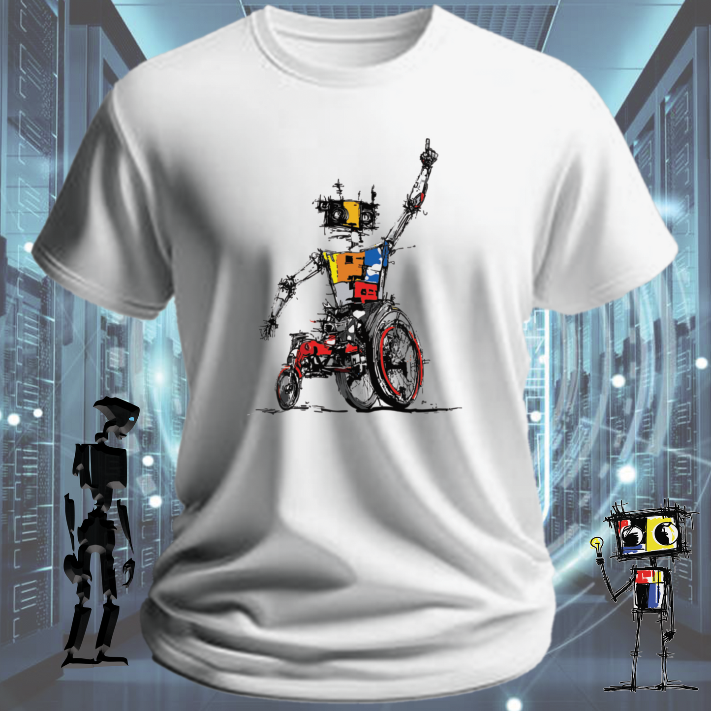 Robo Wheels robot graphic t-shirt from the inkit.design Roboto range — detail view