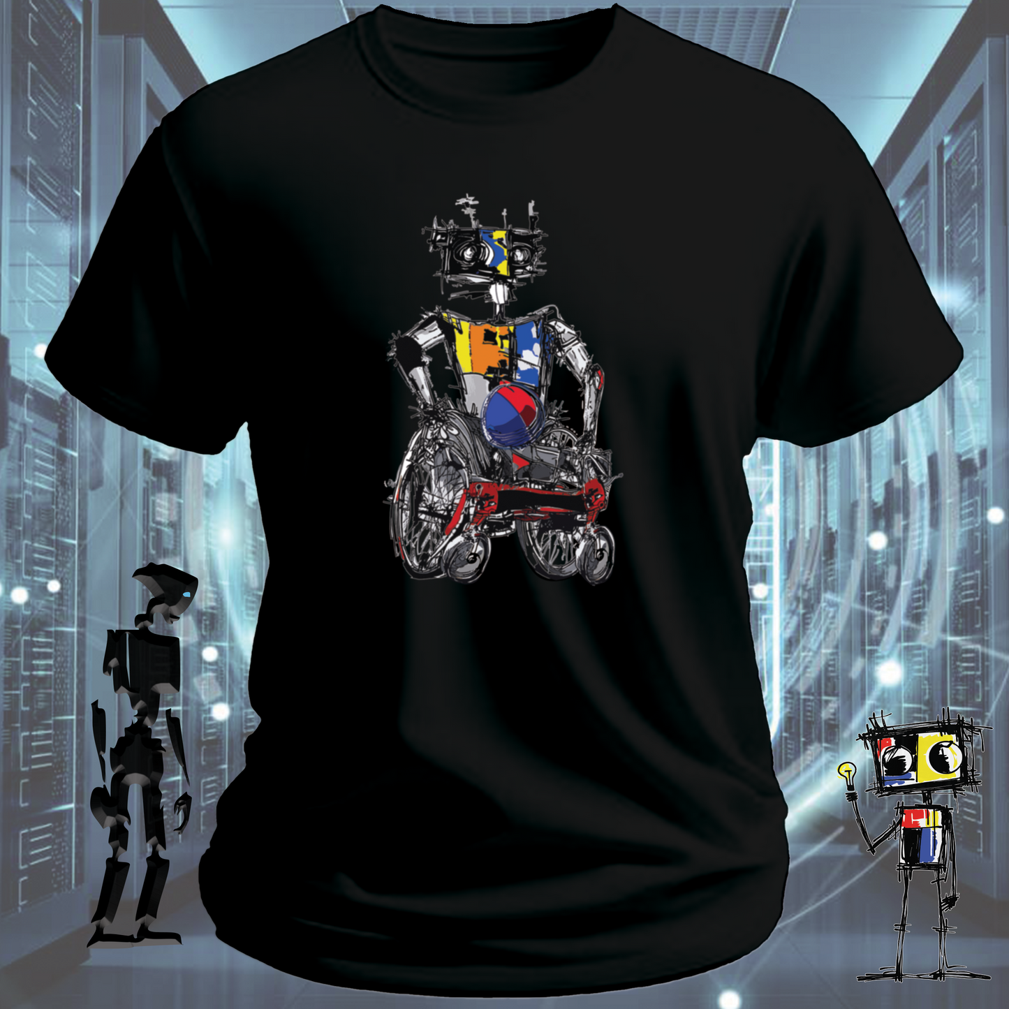 Rugby Wheels quirky robot graphic t-shirt from the inkit.design Roboto range — detail view