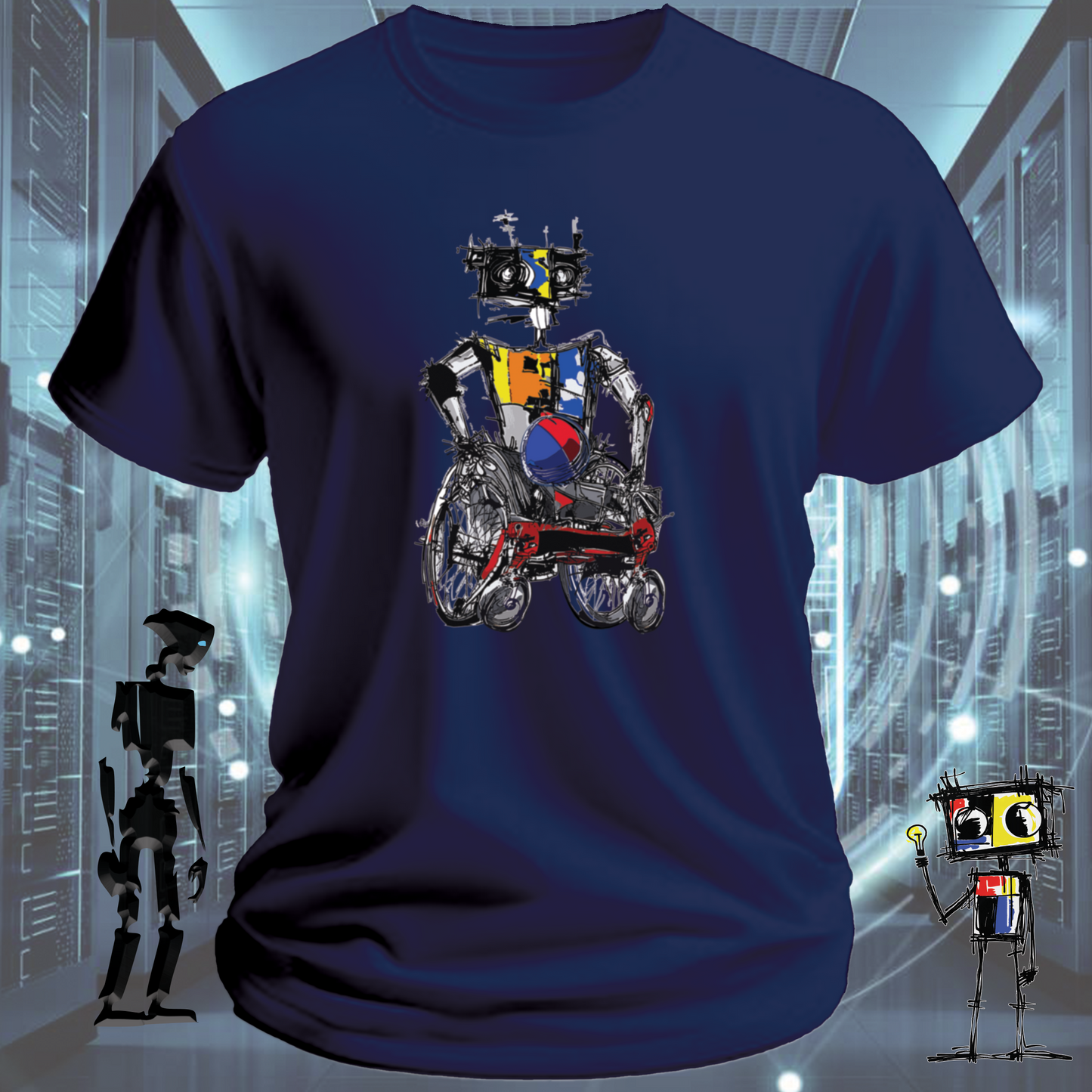 Rugby Wheels quirky robot graphic t-shirt from the inkit.design Roboto range — lifestyle shot