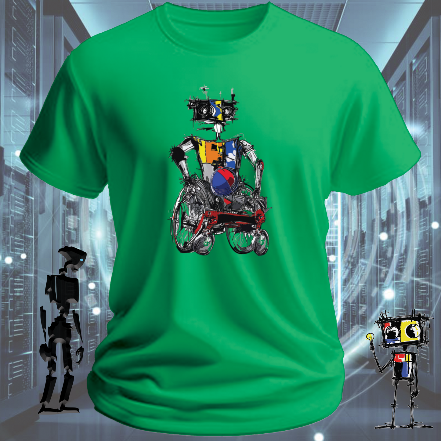 Rugby Wheels quirky robot graphic t-shirt from the inkit.design Roboto range — worn view