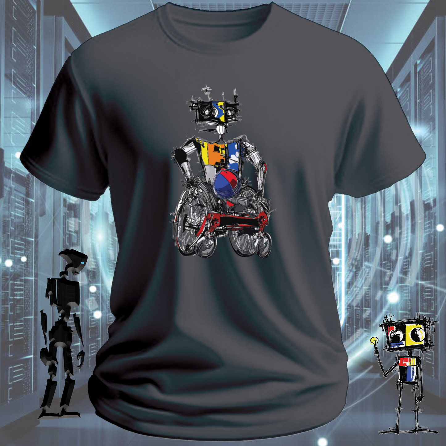 Rugby Wheels quirky robot graphic t-shirt from the inkit.design Roboto range — on model