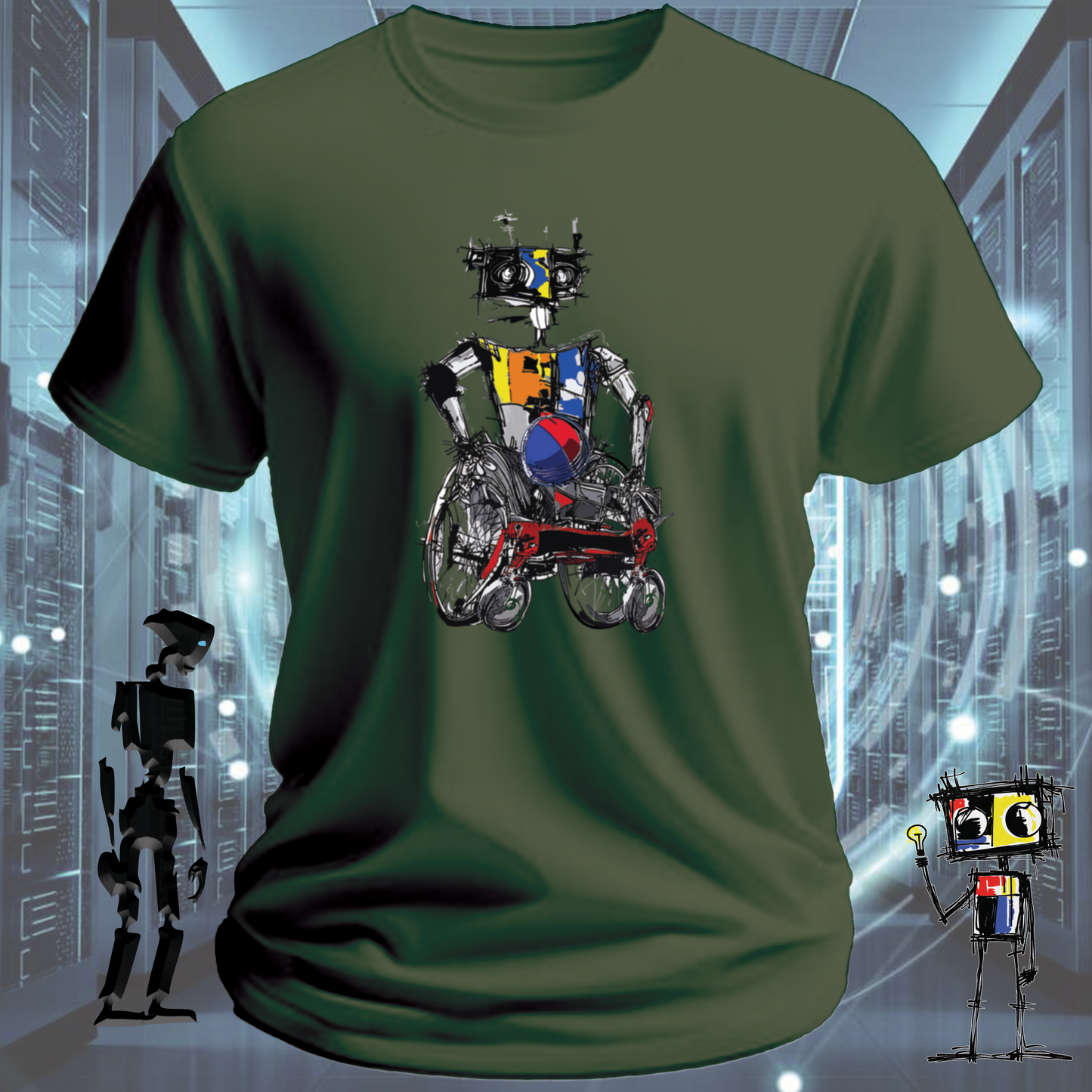 Rugby Wheels quirky robot graphic t-shirt from the inkit.design Roboto range — studio shot