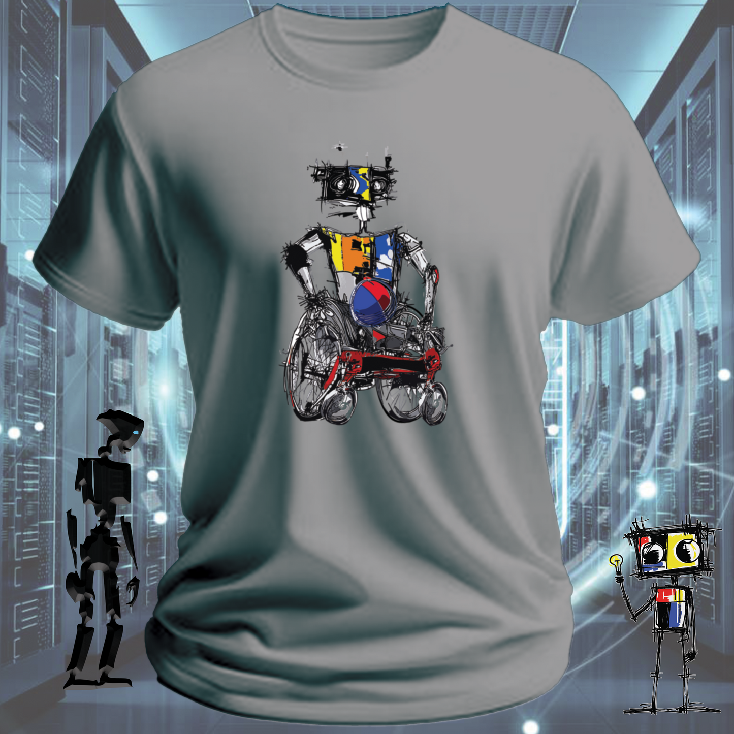 Rugby Wheels quirky robot graphic t-shirt from the inkit.design Roboto range — close up