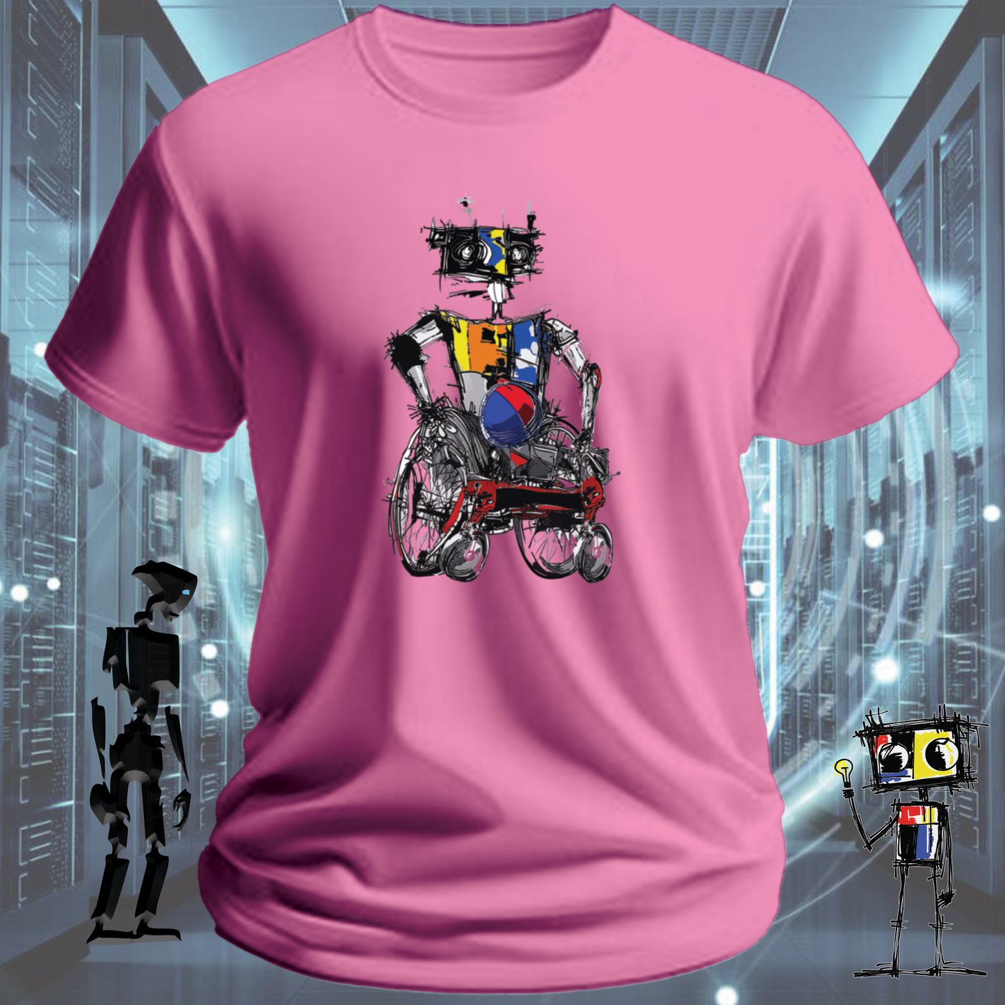 Rugby Wheels quirky robot graphic t-shirt from the inkit.design Roboto range — product detail