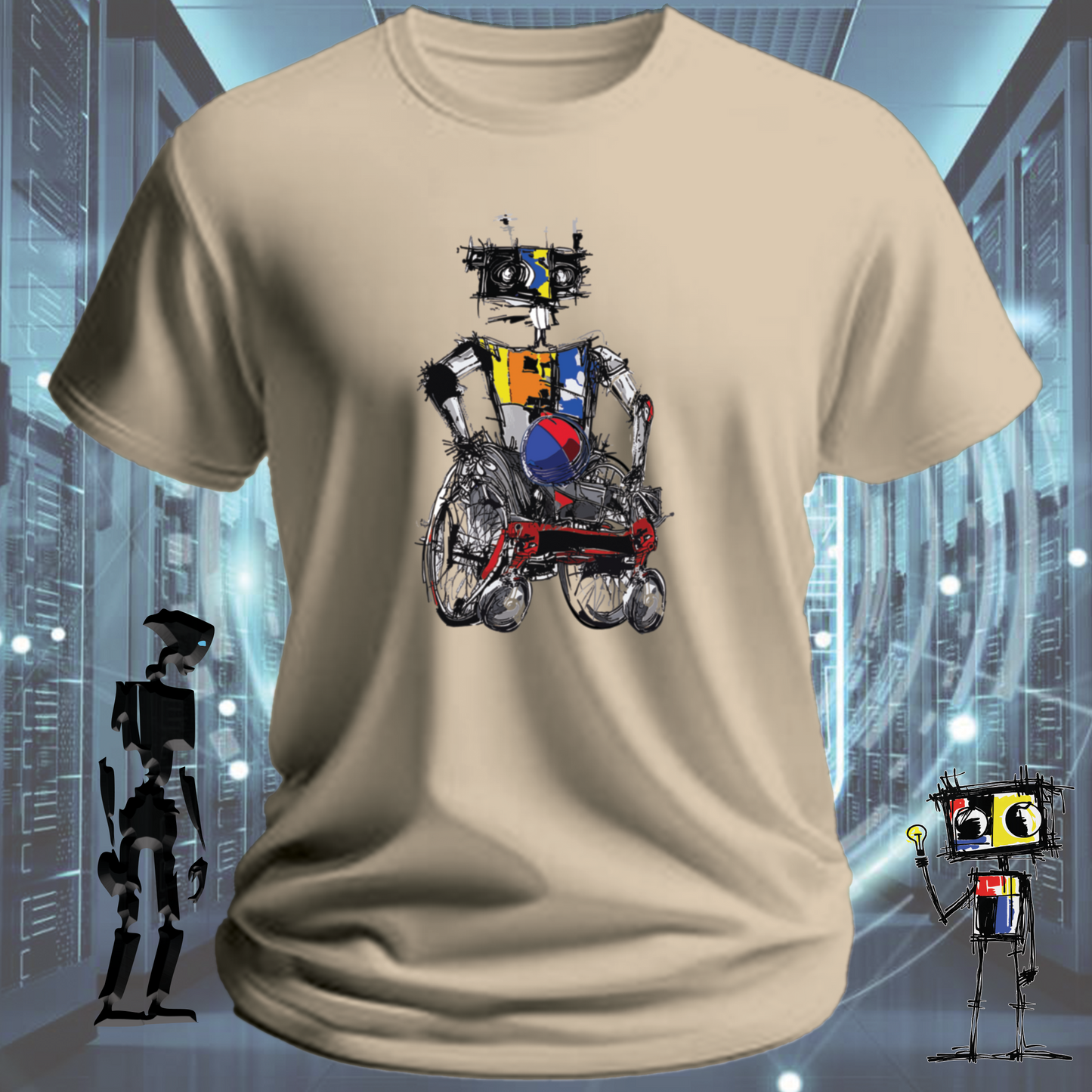 Rugby Wheels quirky robot graphic t-shirt from the inkit.design Roboto range