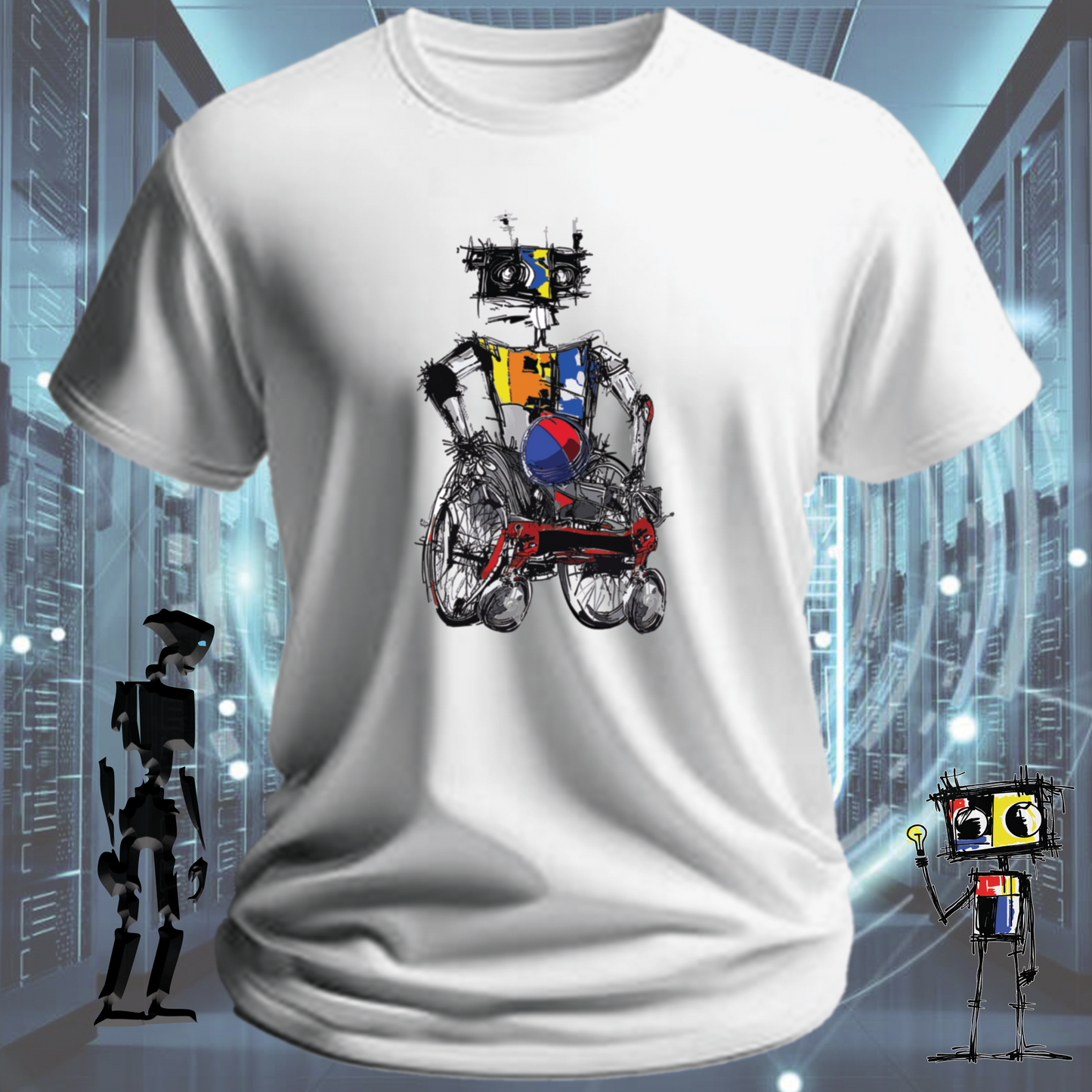 Rugby Wheels quirky robot graphic t-shirt from the inkit.design Roboto range — flat lay
