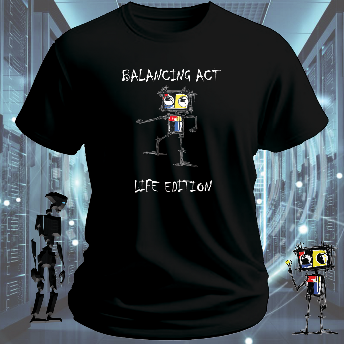 Balancing Act robot graphic t-shirt from the inkit.design Roboto range — lifestyle shot