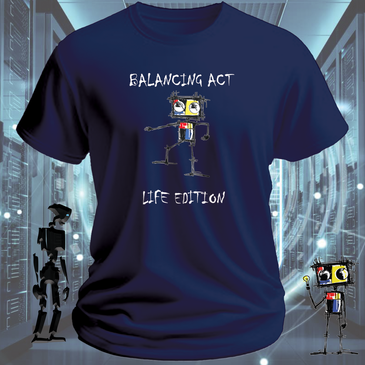 Balancing Act robot graphic t-shirt from the inkit.design Roboto range — on model