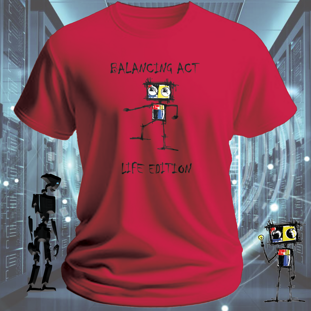 Balancing Act robot graphic t-shirt from the inkit.design Roboto range — product detail