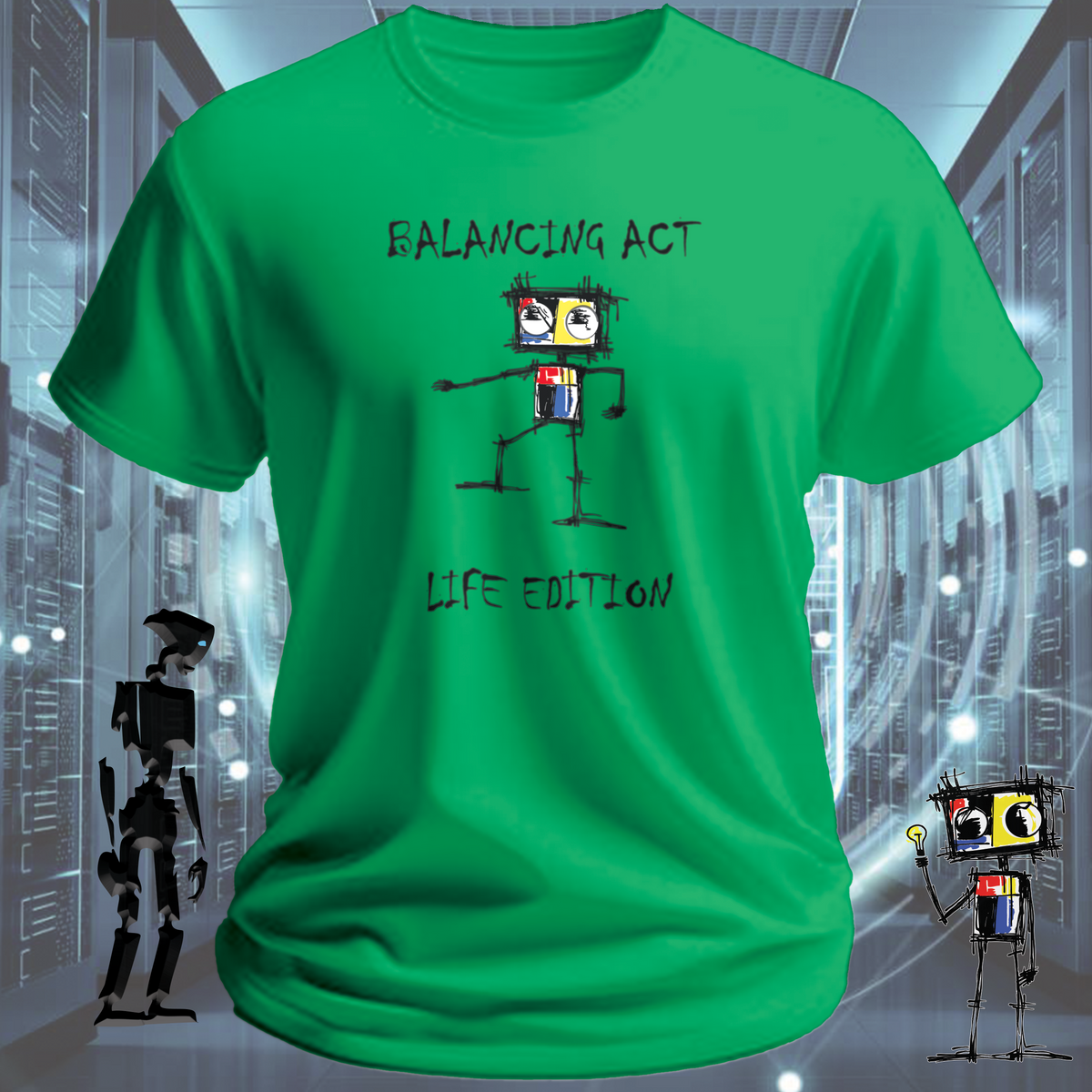 Balancing Act robot graphic t-shirt from the inkit.design Roboto range — studio shot