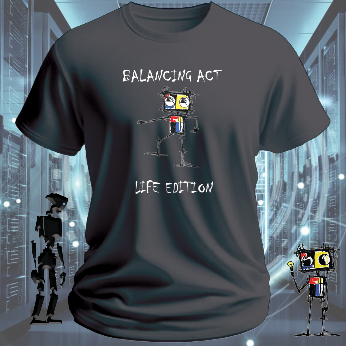 Balancing Act robot graphic t-shirt from the inkit.design Roboto range — back view