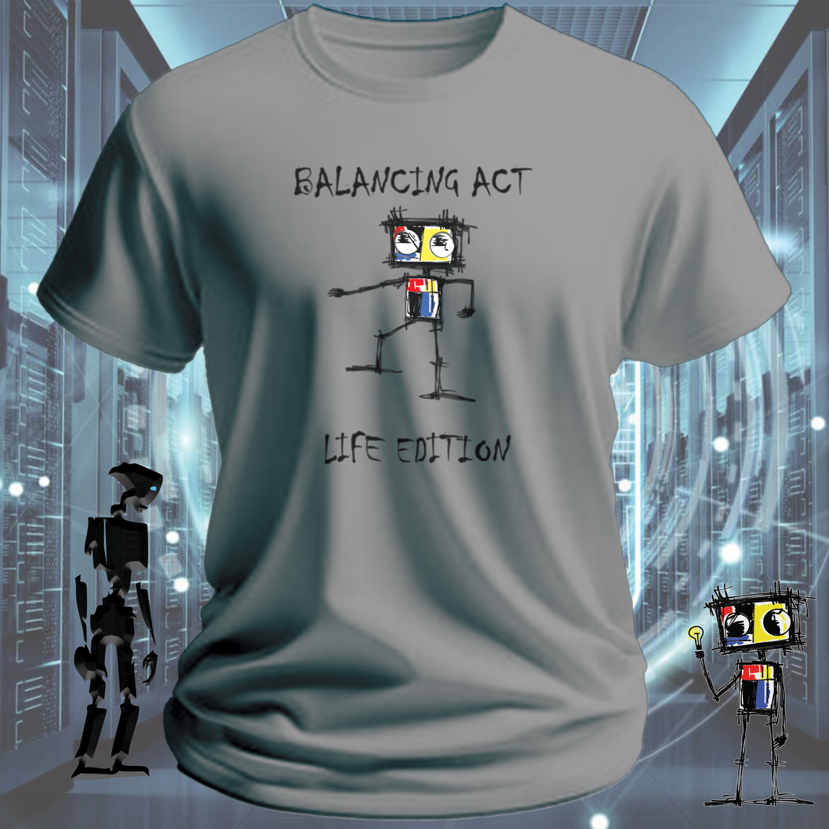 Balancing Act robot graphic t-shirt from the inkit.design Roboto range