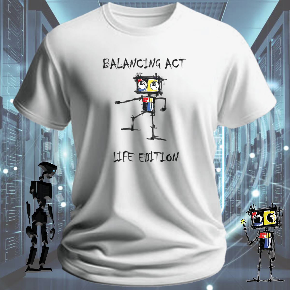 Balancing Act robot graphic t-shirt from the inkit.design Roboto range — detail view