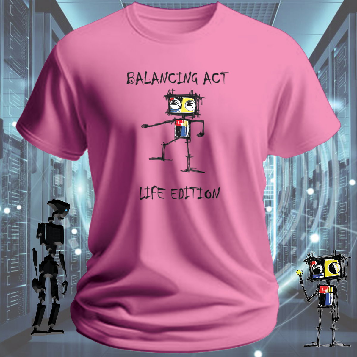Balancing Act robot graphic t-shirt from the inkit.design Roboto range — worn view