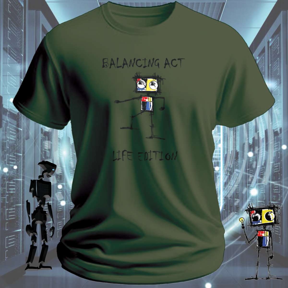 Balancing Act robot graphic t-shirt from the inkit.design Roboto range — flat lay
