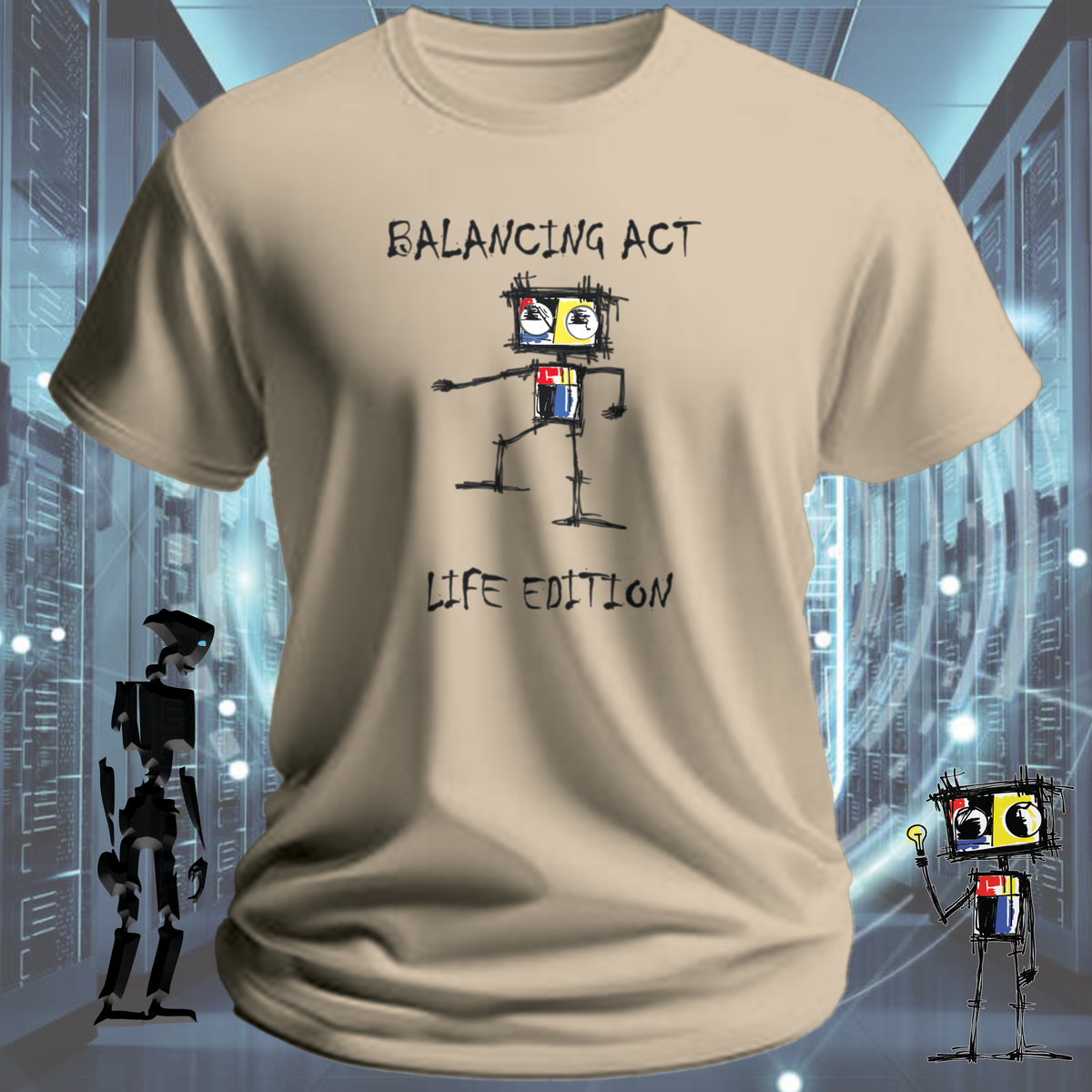 Balancing Act robot graphic t-shirt from the inkit.design Roboto range — close up