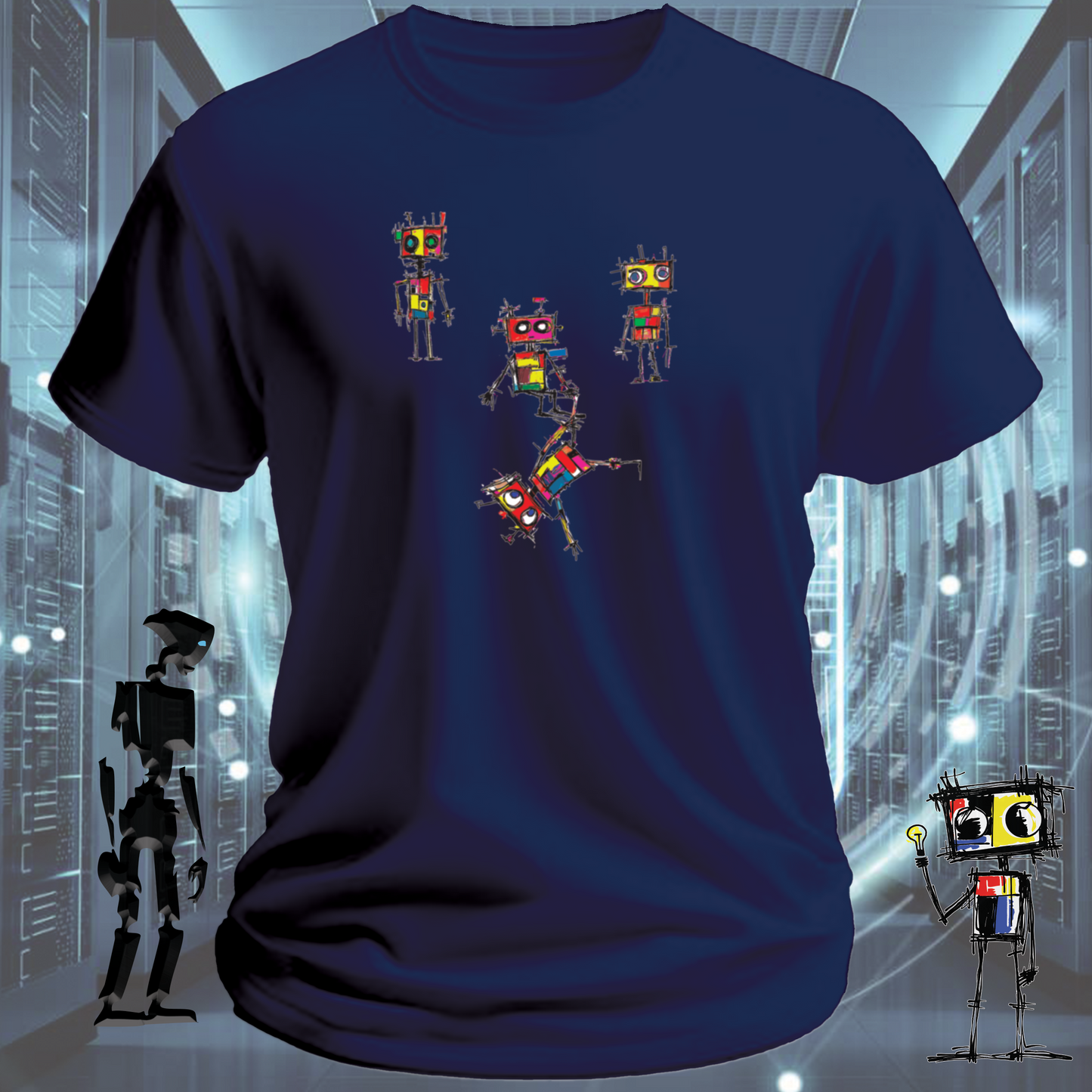 Random Roboto quirky robot graphic t-shirt from the inkit.design Roboto range — lifestyle shot