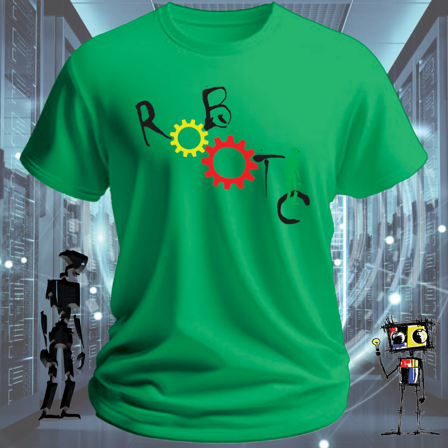 Robotic graphic t-shirt for engineers and technically gifted — worn view | inkit.design