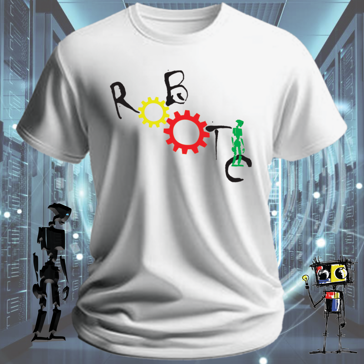 Robotic graphic t-shirt for engineers and technically gifted — on model | inkit.design