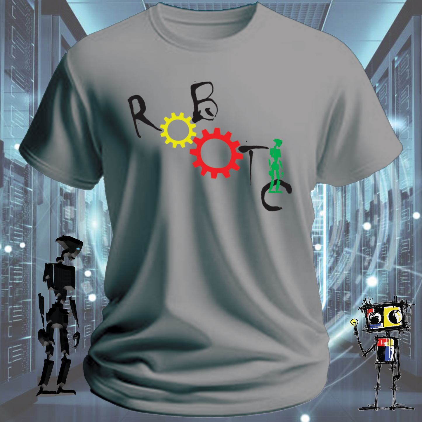 Robotic graphic t-shirt for engineers and technically gifted — lifestyle shot | inkit.design