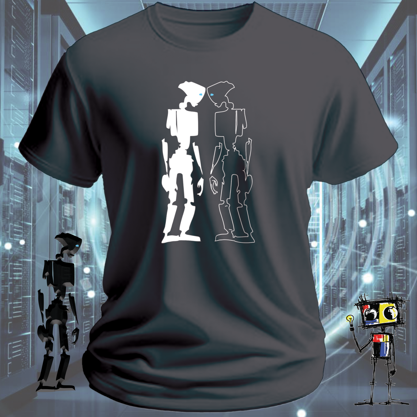 Robot Reflection graphic t-shirt for engineers and developers — close up | inkit.design