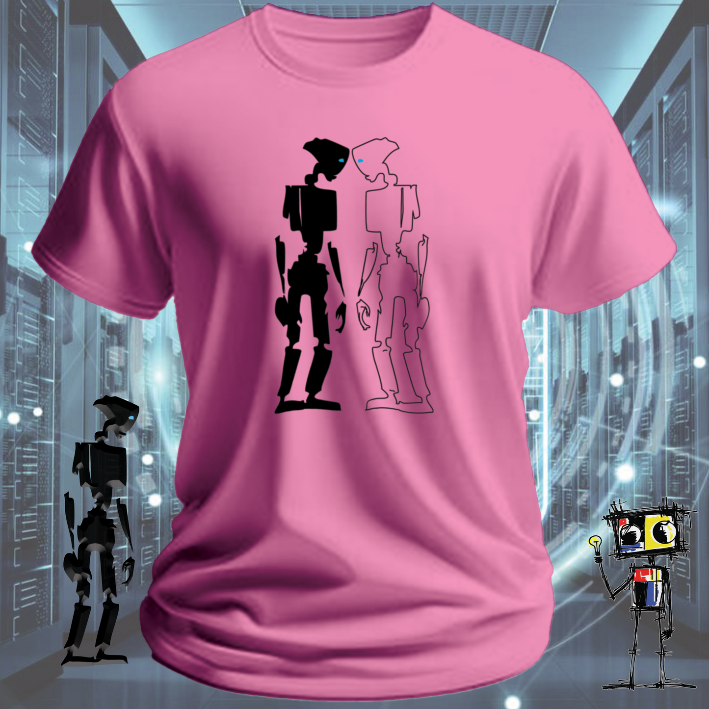 Robot Reflection graphic t-shirt for engineers and developers — worn view | inkit.design