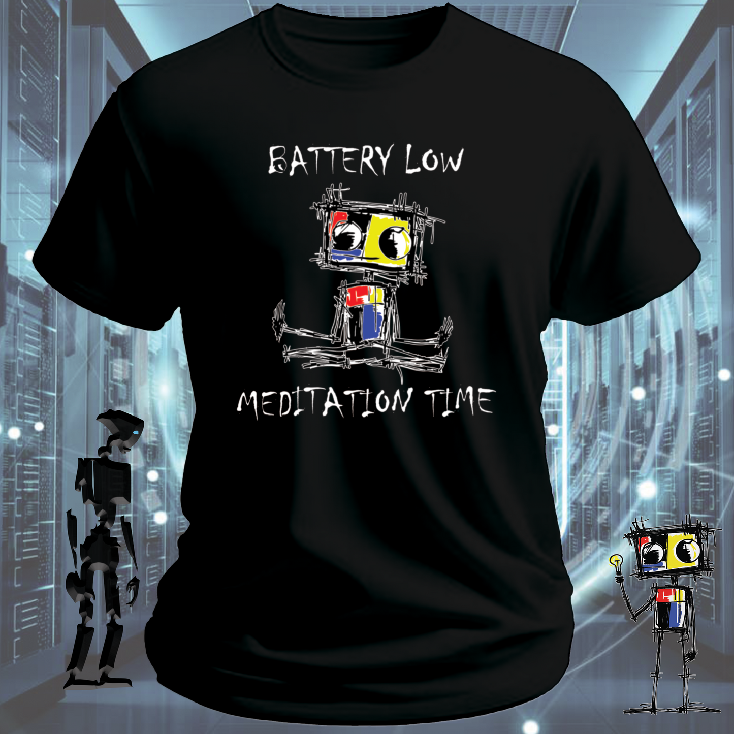 Battery Low funny tech t-shirt for IT professionals and developers — on model | inkit.design