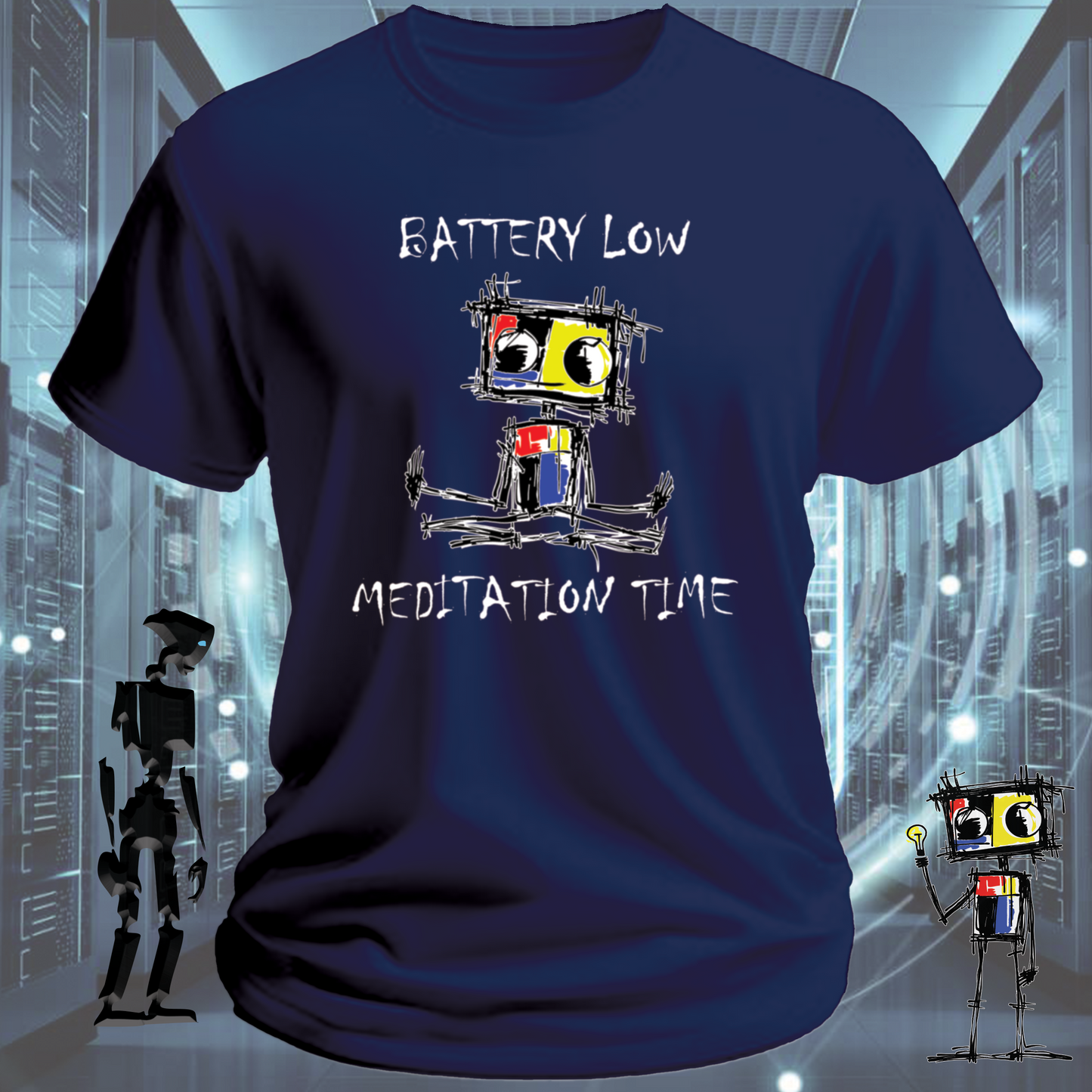 Battery Low funny tech t-shirt for IT professionals and developers — close up | inkit.design