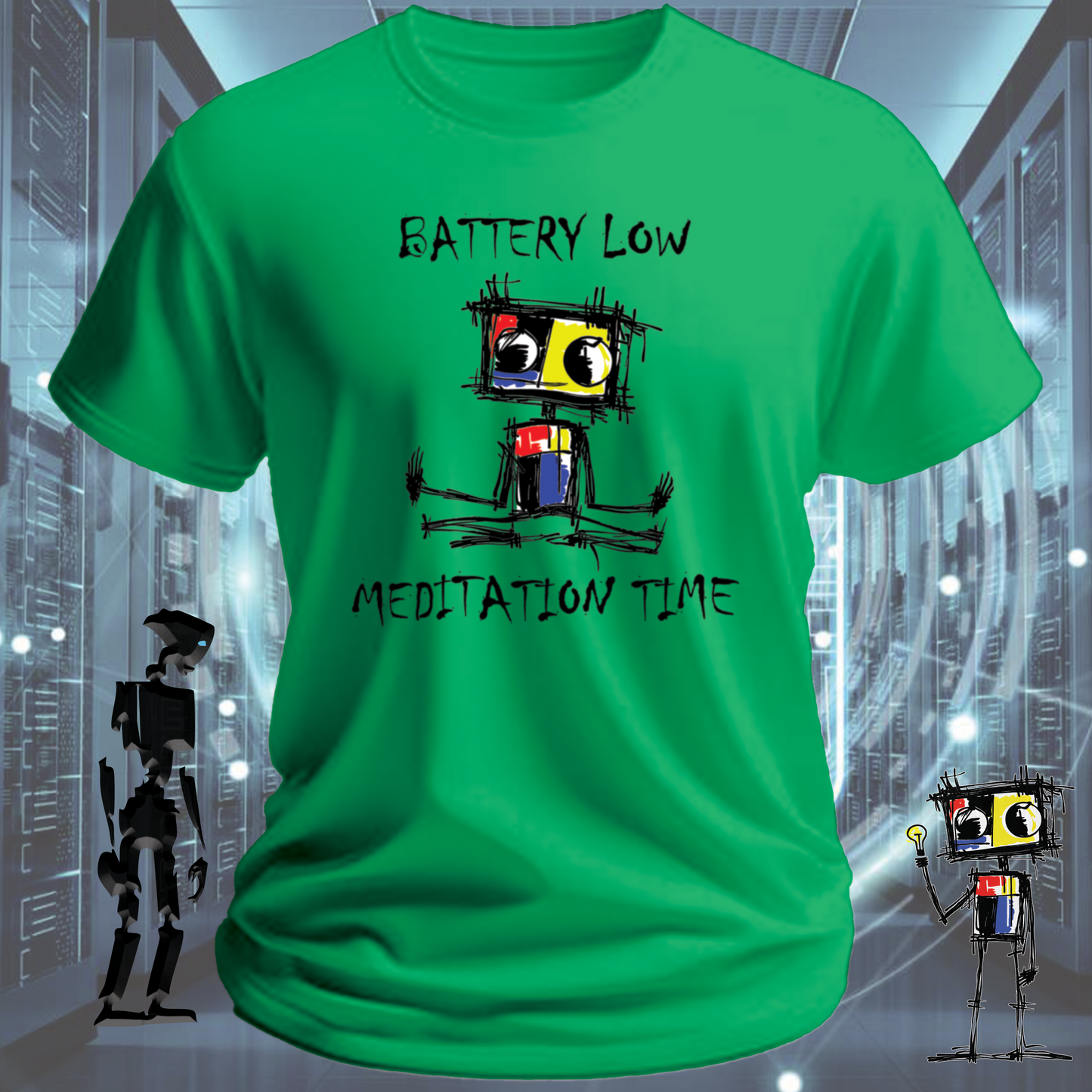 Battery Low funny tech t-shirt for IT professionals and developers — worn view | inkit.design