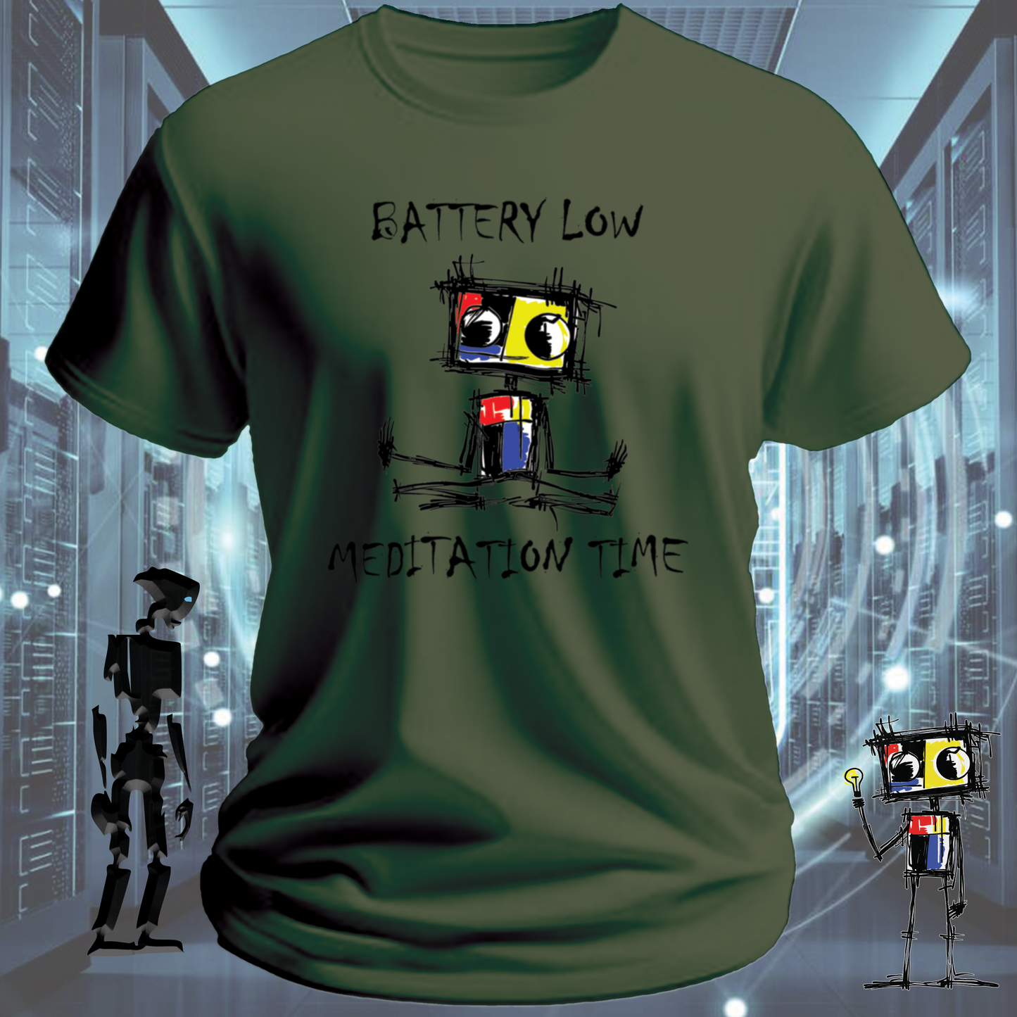 Battery Low funny tech t-shirt for IT professionals and developers — back view | inkit.design