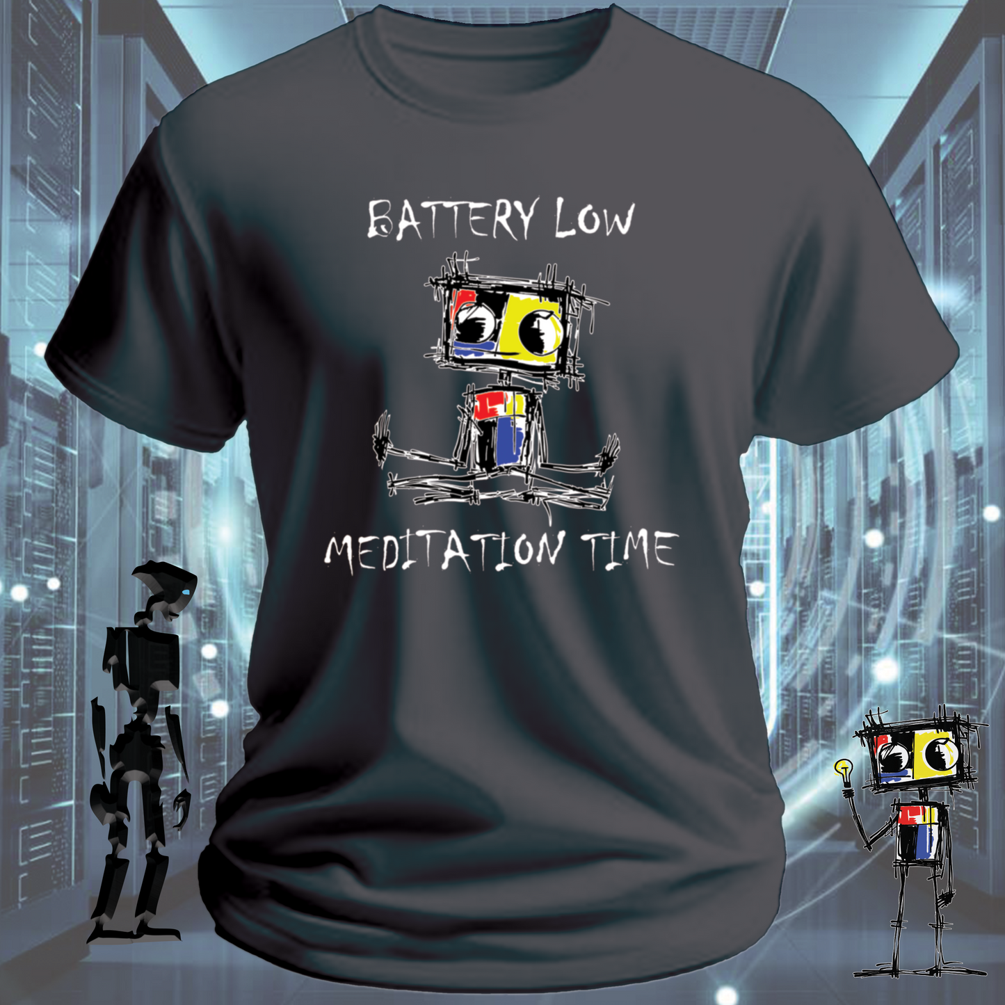 Battery Low funny tech t-shirt for IT professionals and developers — studio shot | inkit.design