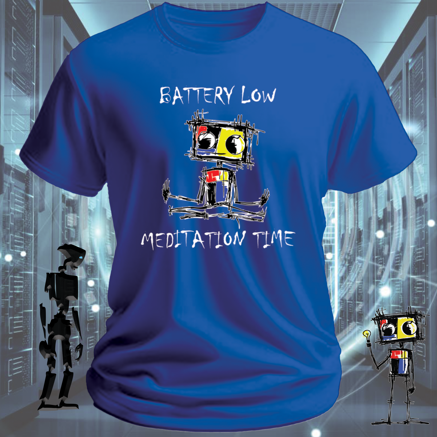 Battery Low funny tech t-shirt for IT professionals and developers — lifestyle shot | inkit.design